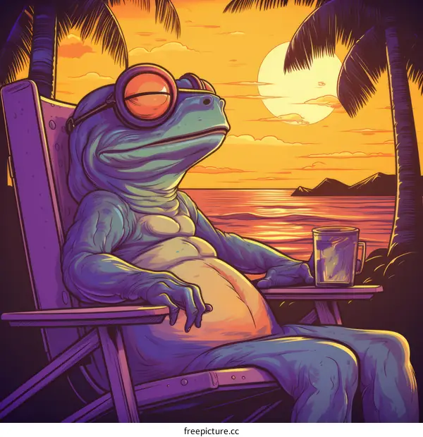 Relaxed Frog Enjoying Sunset with a Drink on the Beach