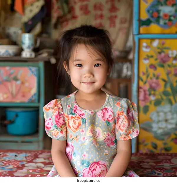 Portrait of a young girl in a colorful dress