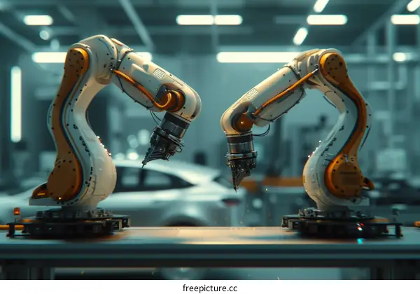 Two Orange and White Cobots Welding an Automobile Part with Sparks Flying