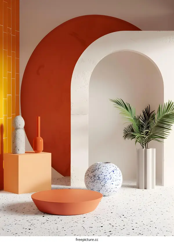 Minimalist Interior Design with Geometric Shapes and Terrazzo Floor