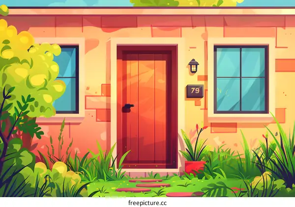 House Front with Brick Wall and Wooden Door