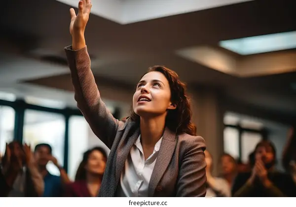 businesswoman raising hand in meeting