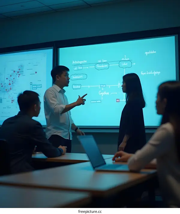 Asian Business Team Meeting in Modern Office with Whiteboard and Laptop