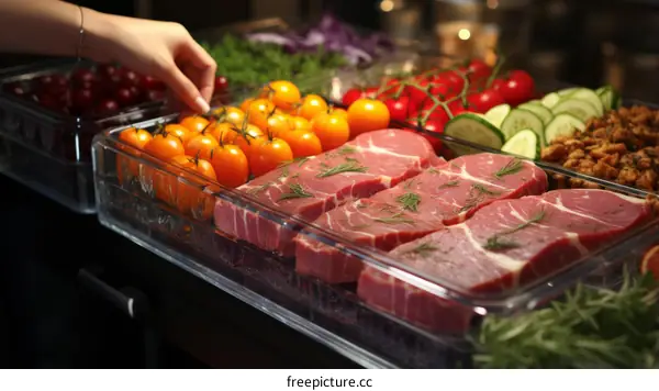 Well marbled steaks and colorful vegetables in a refrigerated display case