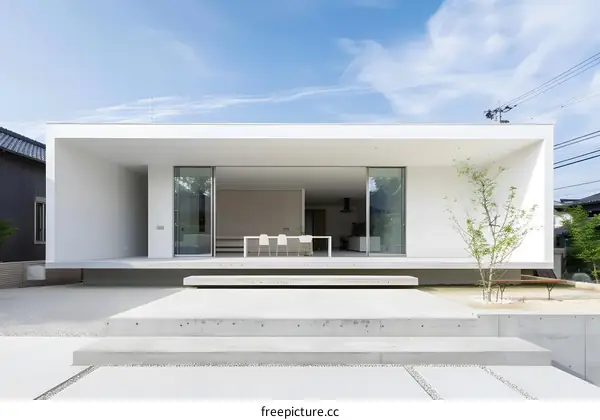 Modern White House with Concrete Patio and Steps
