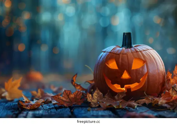 Spooky Halloween Pumpkin with Autumn Leaves