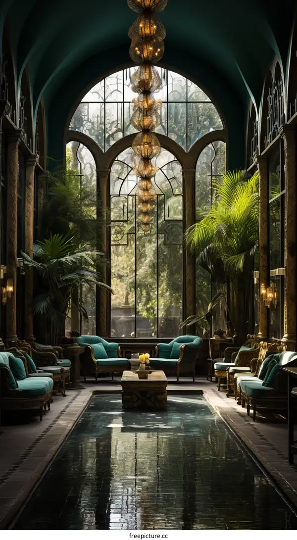 Luxury Indoor Lounge with Palm Trees and Green Sofas