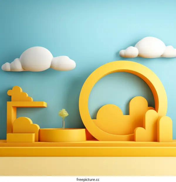 Surreal Minimalist Landscape with Yellow Podium and Clouds