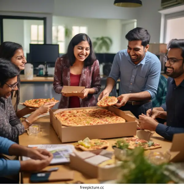 Indian colleagues enjoying pizza during office lunch break