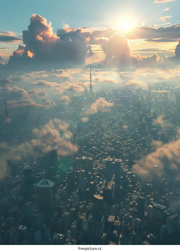 Aerial Cityscape with Cloudscape at Sunset