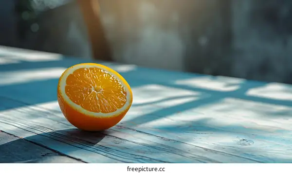 Half an Orange on a Blue Wooden Table