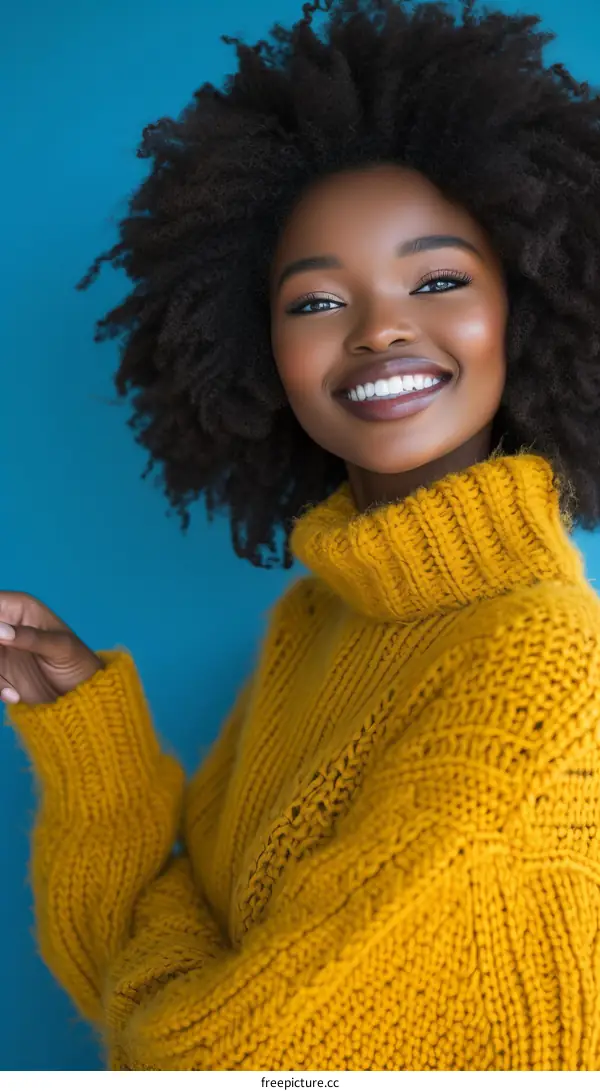 portrait of a beautiful young african american woman with curly hair wearing a yellow sweater