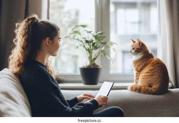 Woman relaxing at home with a cat