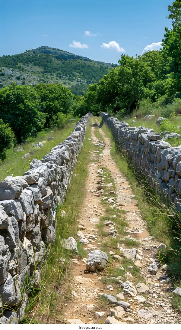 Dry stone wall path through the countryside