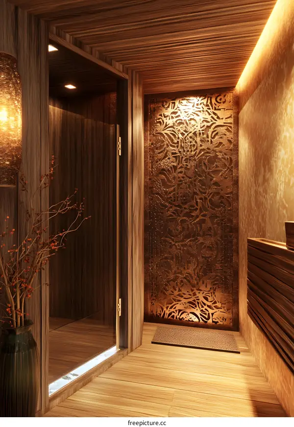 Modern Interior Design With Wooden Walls And Ornamental Wall
