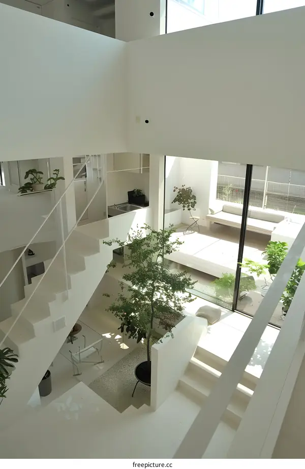 Minimalist Modern Interior Design with White Walls and Green Plants
