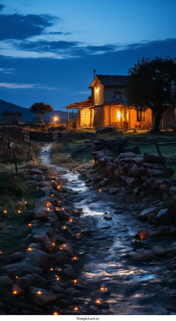 Illuminated Rural House in Mountain Landscape at Dusk