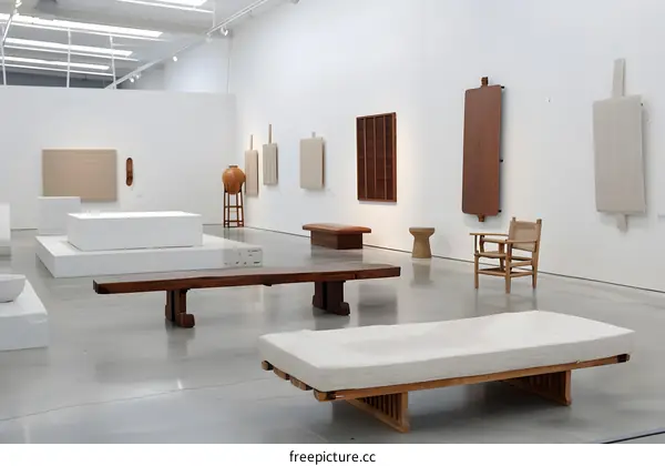 Modern Minimalist Interior Design with Wooden Furniture and Artworks