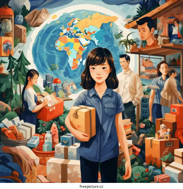 A young woman standing in front of a world map holding a box with two other people in the background