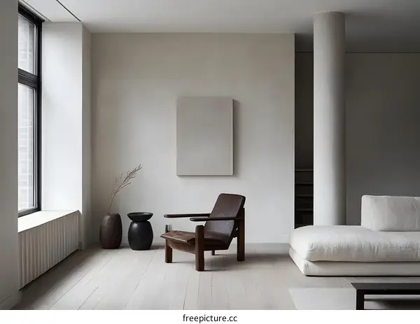 Minimalist Living Room Interior Design with White Walls, Wooden Floor and Leather Armchair