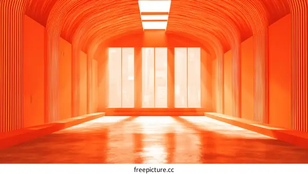 Modern Empty Orange Corridor with Large Windows