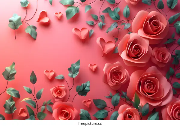 Pink roses and green leaves