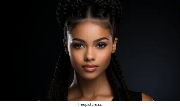 portrait of a beautiful young woman with long black hair wearing a black dress