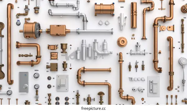 An illustration of various plumbing pipes and fixtures.