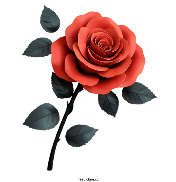 [Transparent Background PNG]3D Red Rose with Dark Leaves Illustration