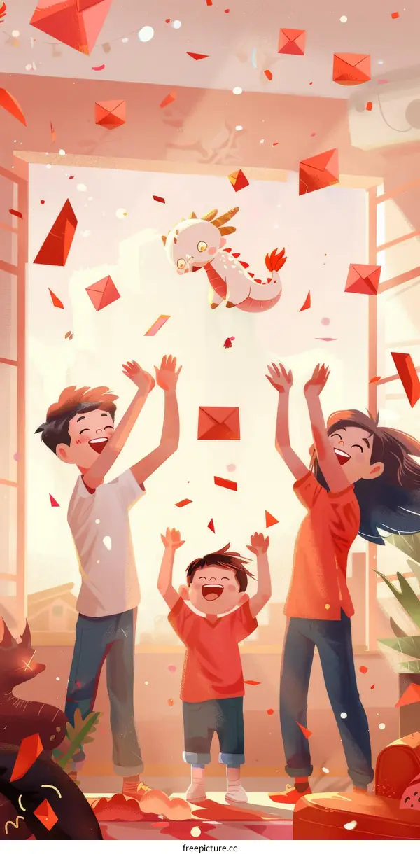 Three happy children and a cat celebrate the Spring Festival