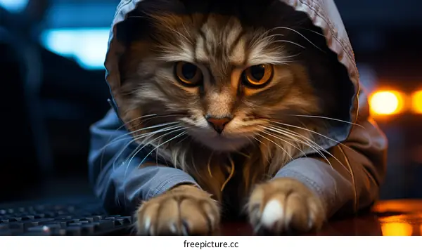 Cat in a gray hoodie staring at the camera with a serious expression