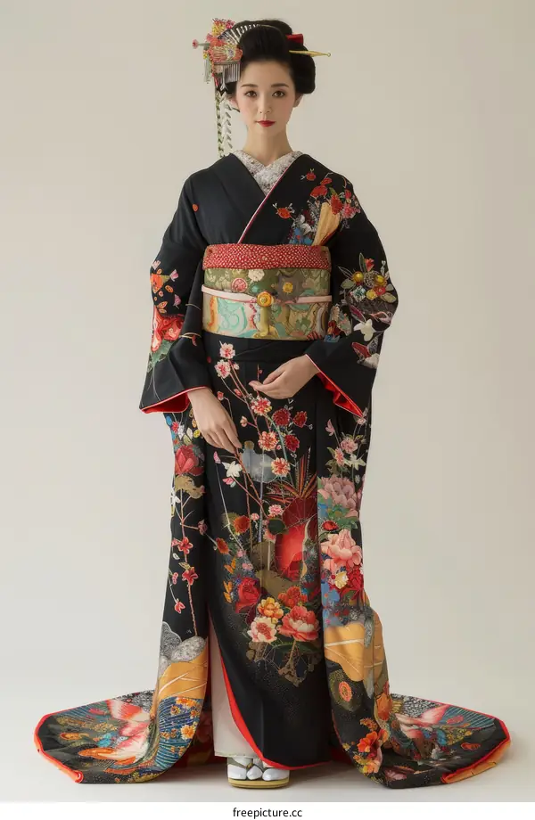 A Japanese woman wearing a traditional kimono with floral patterns