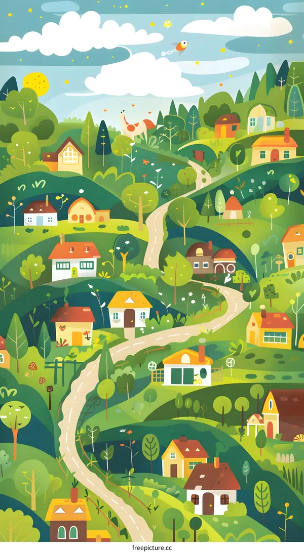 Cartoon Illustration of a Winding Road Through a Village