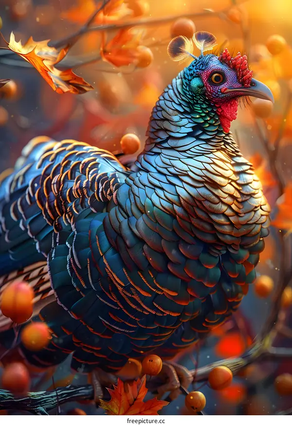 A turkey standing on a branch of a tree full of red fruits