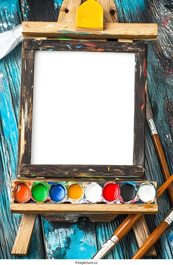Blank Canvas on Wooden Easel with Watercolor Paints and Brushes