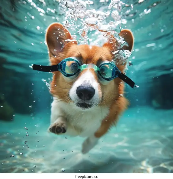 A Cute Corgi Dog Swims Underwater Wearing Swimming Goggles