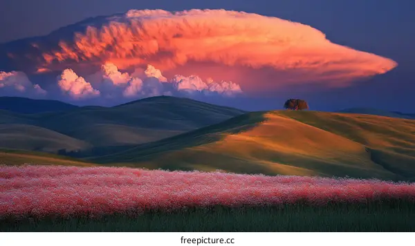 Colorful Sunset over Rolling Hills and Pink Flowers