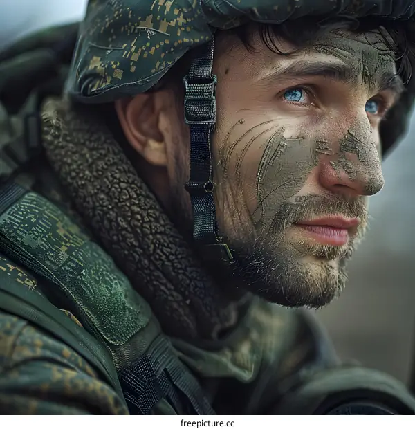 Portrait of a soldier with camouflage on his face