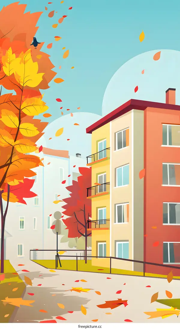 Autumn Leaves Falling on City Street with Buildings and Trees