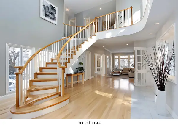 Grand Spiral Staircase in a Spacious Entryway