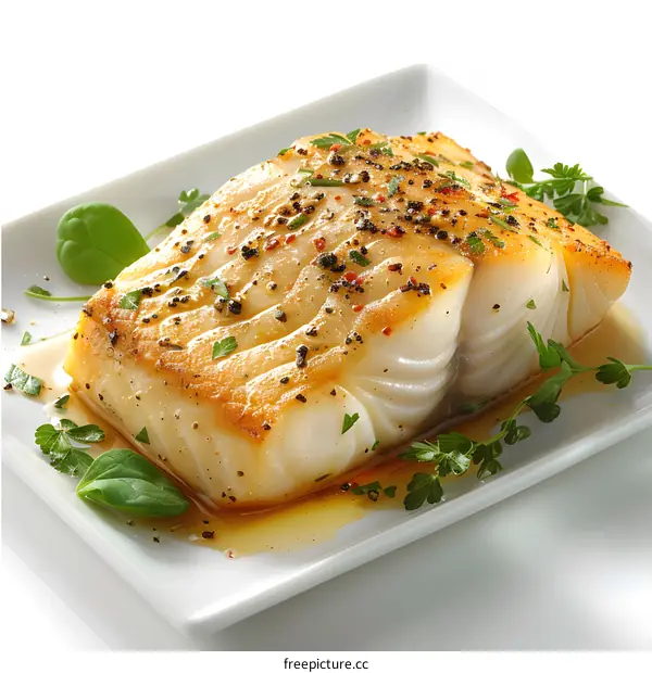 A delicious piece of fish with herbs on a white plate