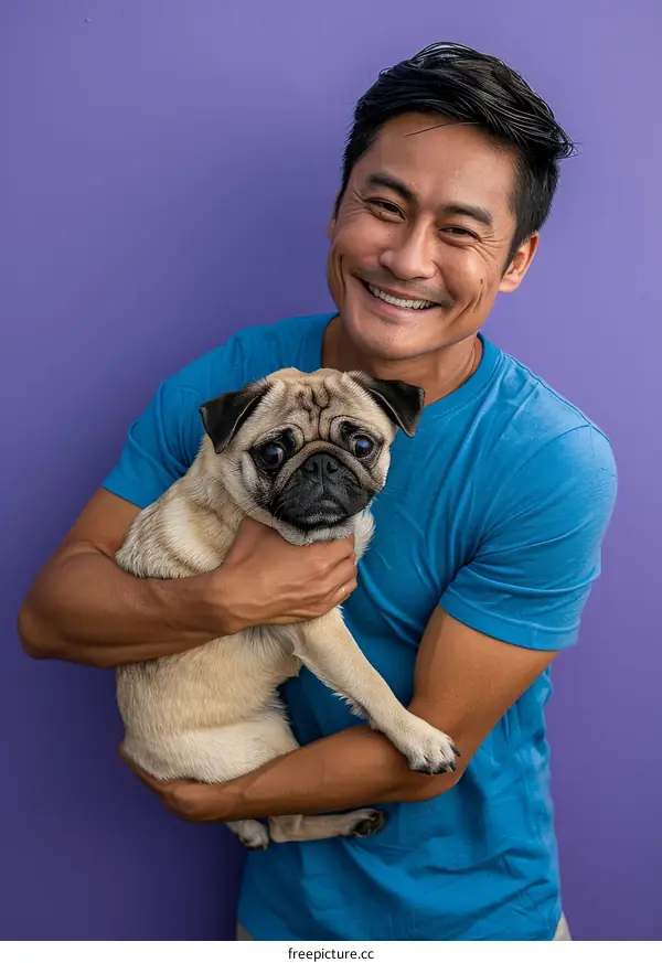 A smiling man holding a pug