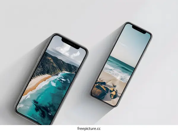 Two Smartphones with Beach Wallpaper Mockup