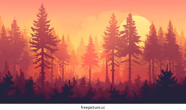 Forest Silhouette Sunset Illustration