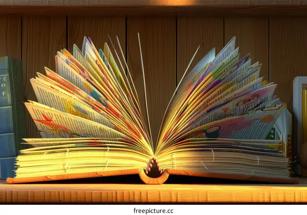 A book with colorful pages is opened on a wooden table.
