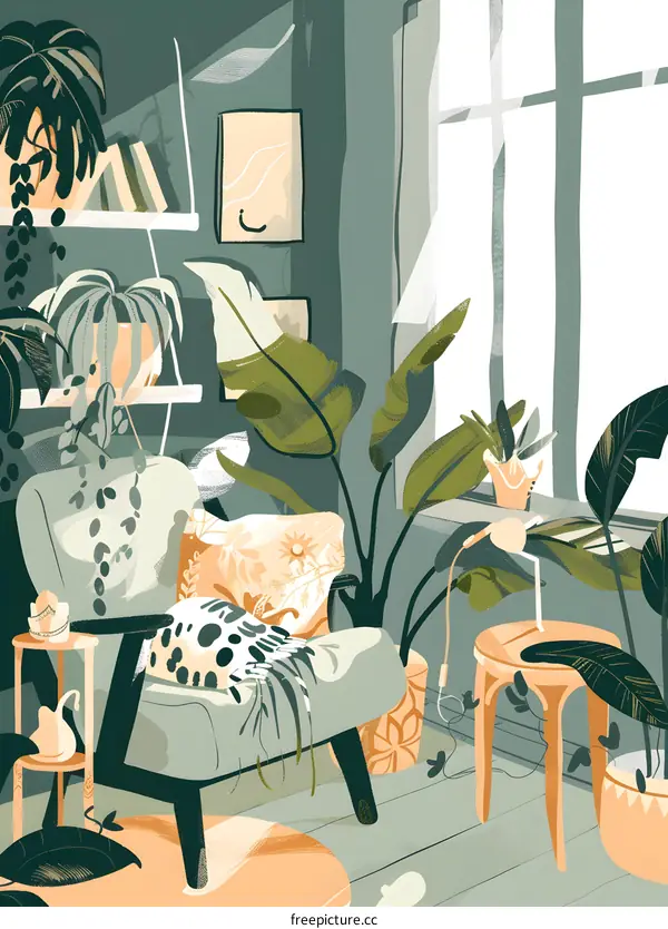 Cozy Living Room Illustration with Plants and Armchair