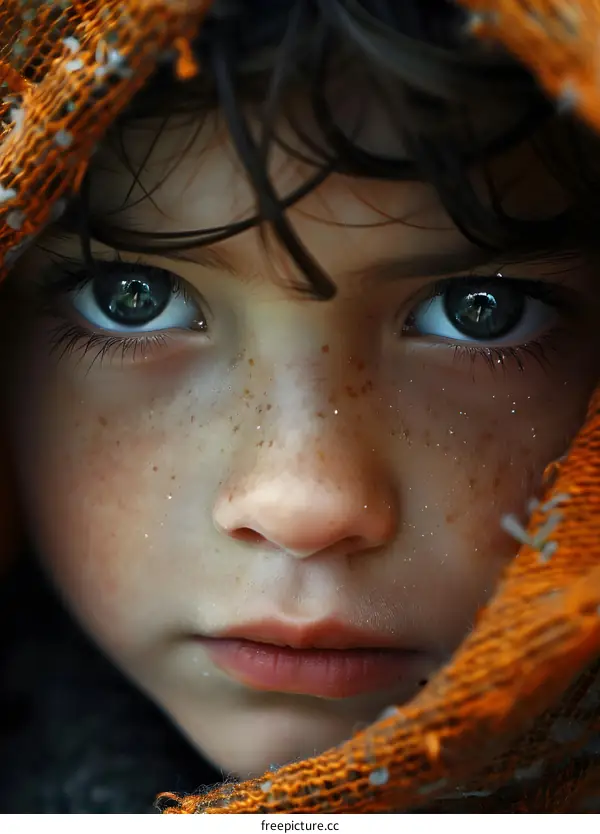 Portrait of a young boy with freckles and green eyes