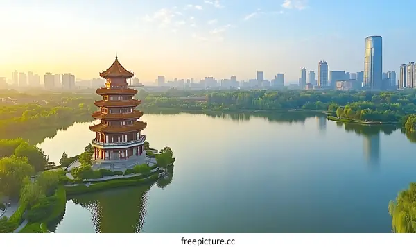 Panoramic View of a Chinese Pagoda and Cityscape