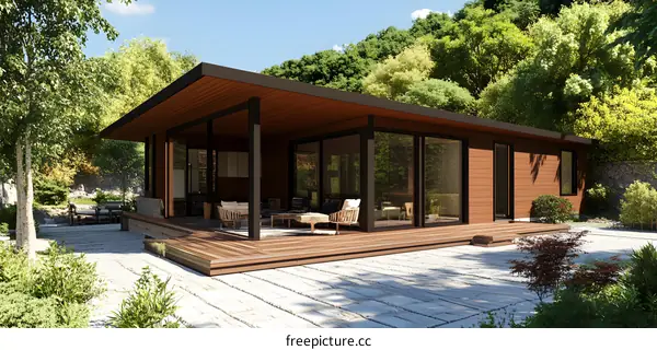 Modern Wooden House with Large Windows and Deck