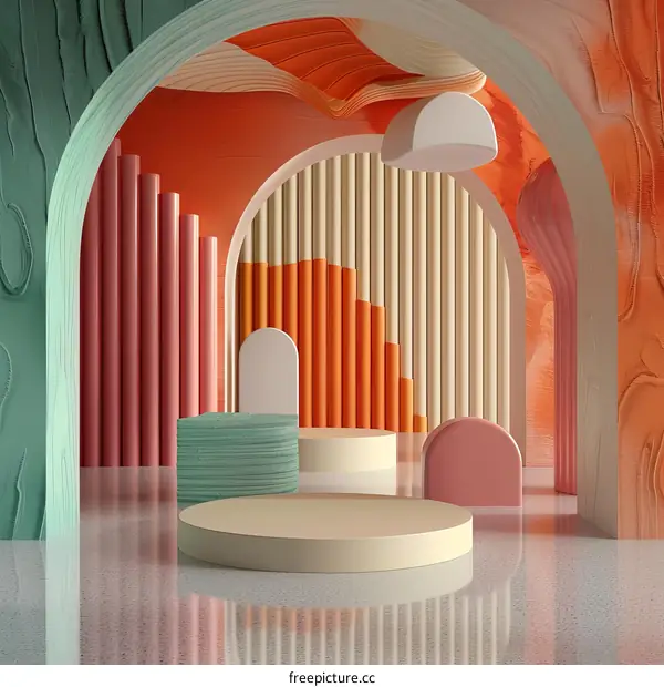 Abstract Geometric Display Space with Multicolored Shapes